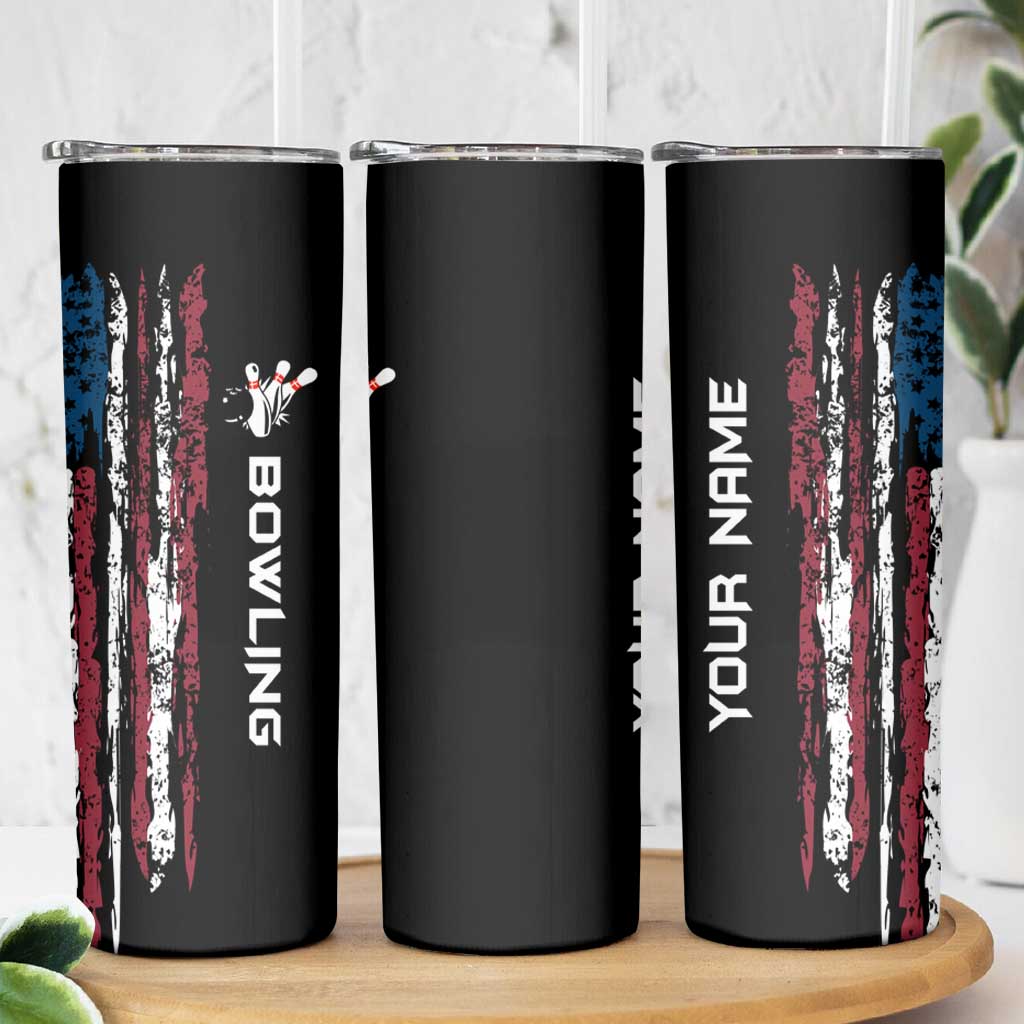 Distressed American Flag Skinny Tumbler with Bowling Pins and Ball Vertical Stripe Design - Wonder Print Shop