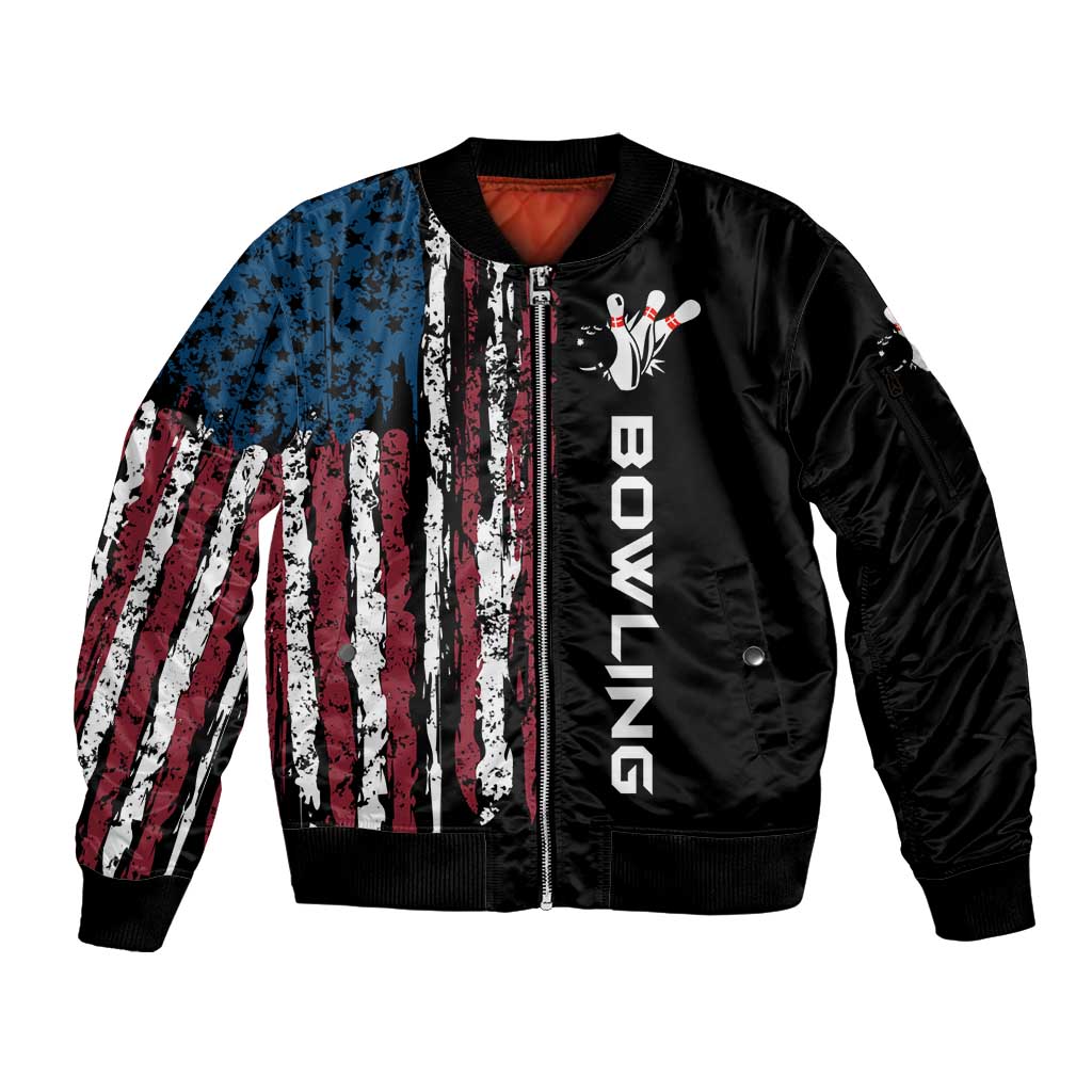 Distressed American Flag Sleeve Zip Bomber Jacket with Bowling Pins and Ball Vertical Stripe Design - Wonder Print Shop