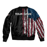 Distressed American Flag Sleeve Zip Bomber Jacket with Bowling Pins and Ball Vertical Stripe Design - Wonder Print Shop