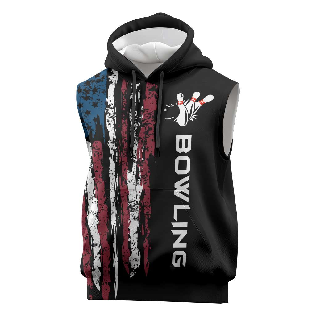 Distressed American Flag Sleeveless Hoodie with Bowling Pins and Ball Vertical Stripe Design - Wonder Print Shop