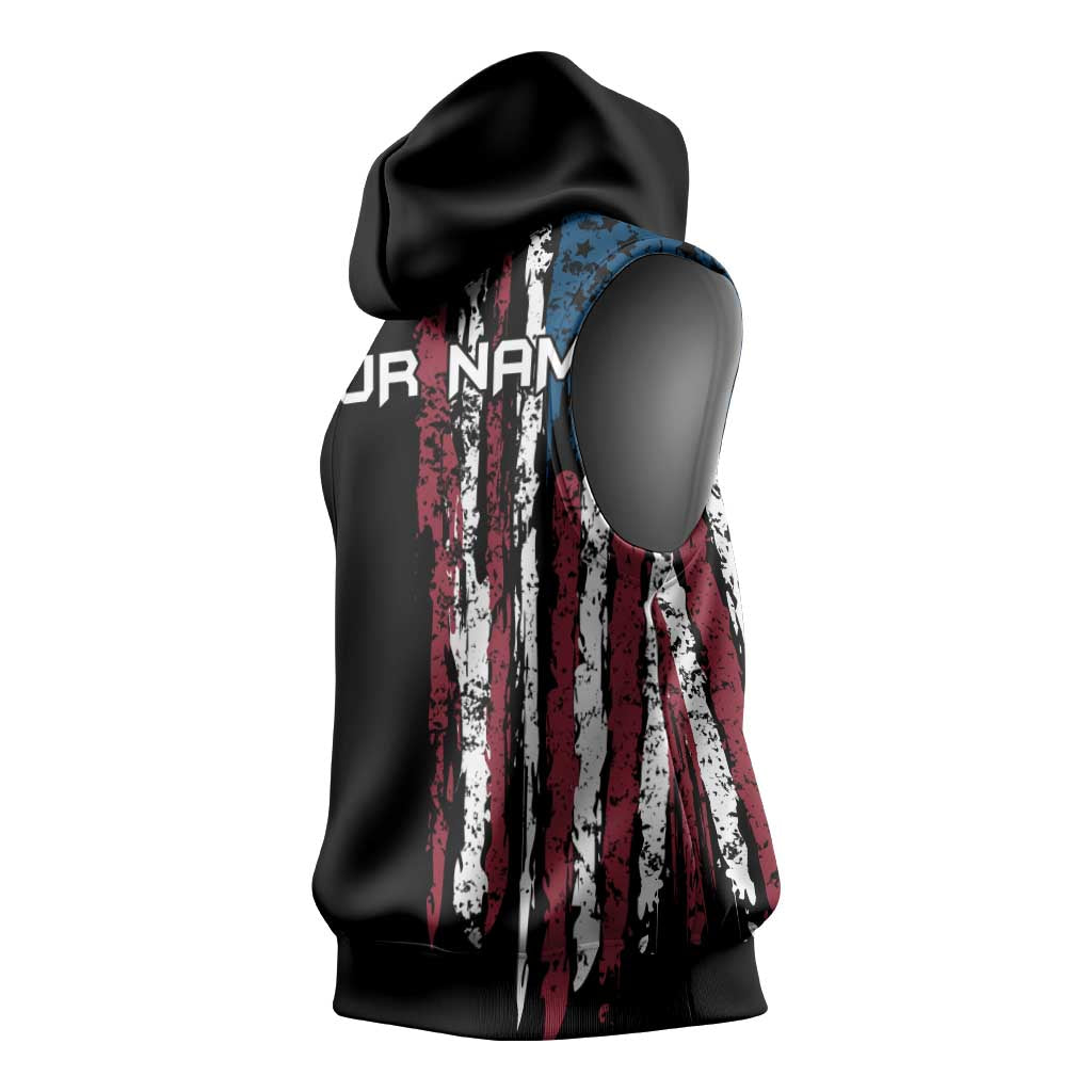 Distressed American Flag Sleeveless Hoodie with Bowling Pins and Ball Vertical Stripe Design - Wonder Print Shop