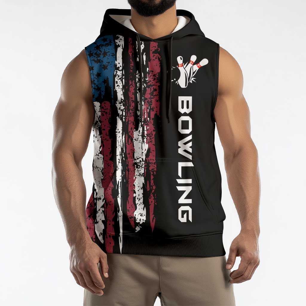 Distressed American Flag Sleeveless Hoodie with Bowling Pins and Ball Vertical Stripe Design - Wonder Print Shop