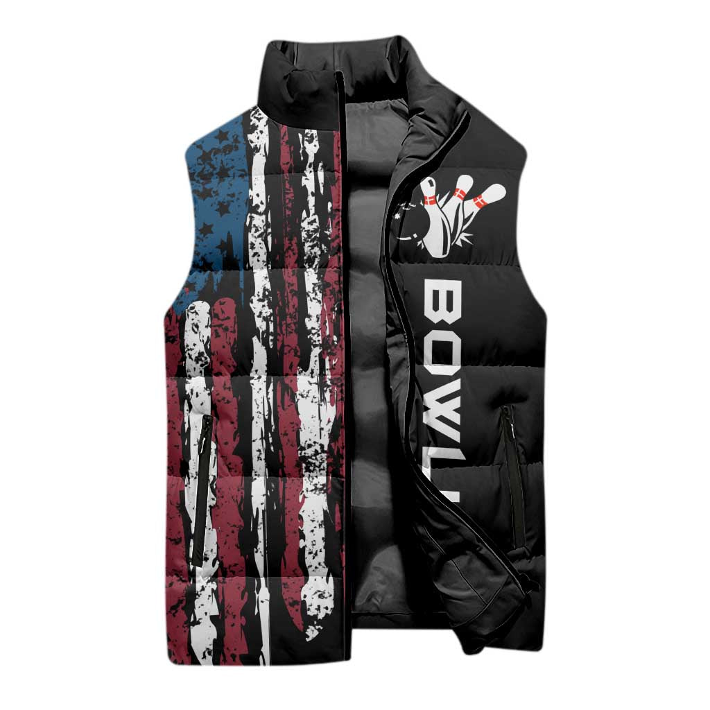 Distressed American Flag Sleeveless Puffer Jacket with Bowling Pins and Ball Vertical Stripe Design - Wonder Print Shop