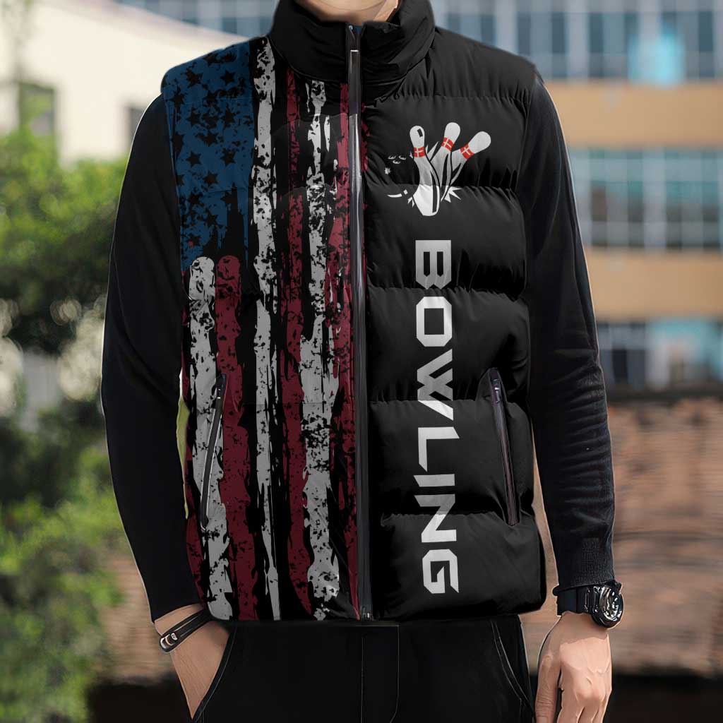 Distressed American Flag Sleeveless Puffer Jacket with Bowling Pins and Ball Vertical Stripe Design - Wonder Print Shop