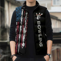 Distressed American Flag Sleeveless Puffer Jacket with Bowling Pins and Ball Vertical Stripe Design - Wonder Print Shop