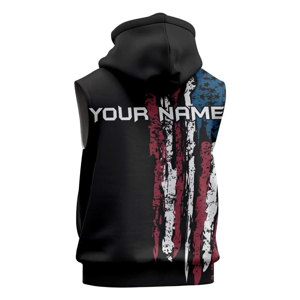 Distressed American Flag Sleeveless Zip Hoodie with Bowling Pins and Ball Vertical Stripe Design - Wonder Print Shop