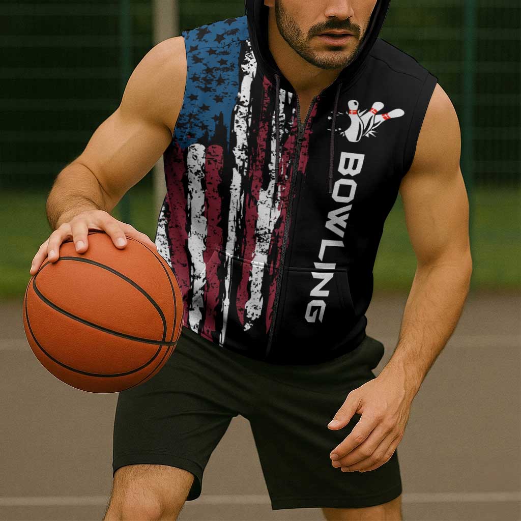 Distressed American Flag Sleeveless Zip Hoodie with Bowling Pins and Ball Vertical Stripe Design - Wonder Print Shop