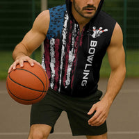 Distressed American Flag Sleeveless Zip Hoodie with Bowling Pins and Ball Vertical Stripe Design - Wonder Print Shop