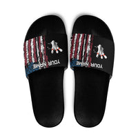 Distressed American Flag Slide Sandals with Bowling Pins and Ball Vertical Stripe Design - Wonder Print Shop