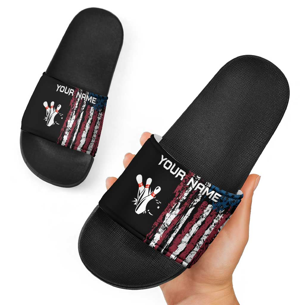 Distressed American Flag Slide Sandals with Bowling Pins and Ball Vertical Stripe Design - Wonder Print Shop