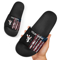 Distressed American Flag Slide Sandals with Bowling Pins and Ball Vertical Stripe Design - Wonder Print Shop