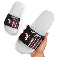 Distressed American Flag Slide Sandals with Bowling Pins and Ball Vertical Stripe Design - Wonder Print Shop