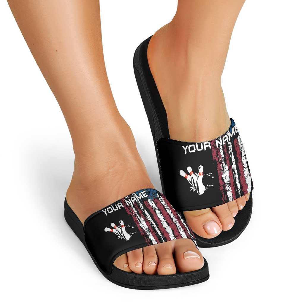 Distressed American Flag Slide Sandals with Bowling Pins and Ball Vertical Stripe Design - Wonder Print Shop