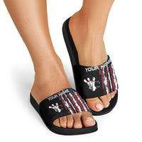 Distressed American Flag Slide Sandals with Bowling Pins and Ball Vertical Stripe Design - Wonder Print Shop