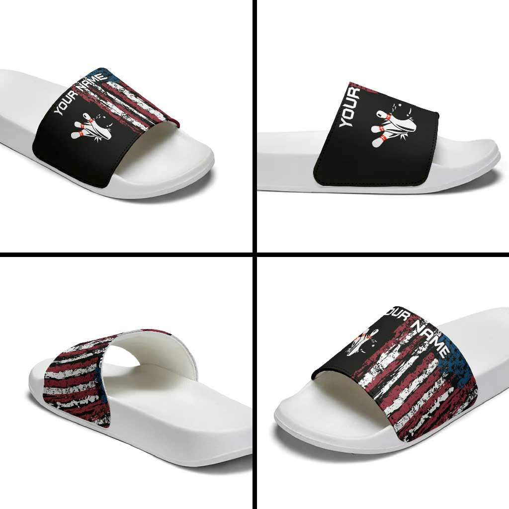Distressed American Flag Slide Sandals with Bowling Pins and Ball Vertical Stripe Design - Wonder Print Shop