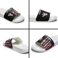 Distressed American Flag Slide Sandals with Bowling Pins and Ball Vertical Stripe Design - Wonder Print Shop