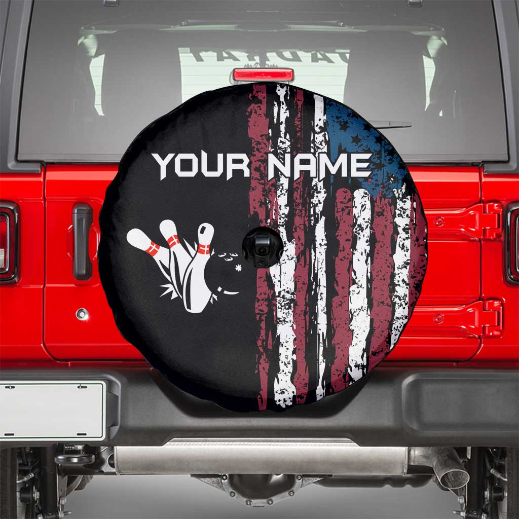 Distressed American Flag Spare Tire Cover with Bowling Pins and Ball Vertical Stripe Design - Wonder Print Shop