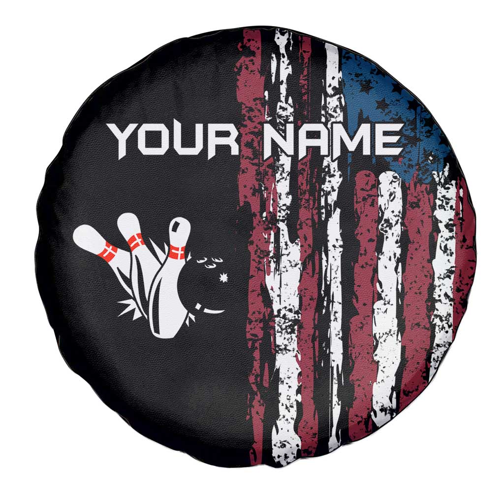Distressed American Flag Spare Tire Cover with Bowling Pins and Ball Vertical Stripe Design - Wonder Print Shop