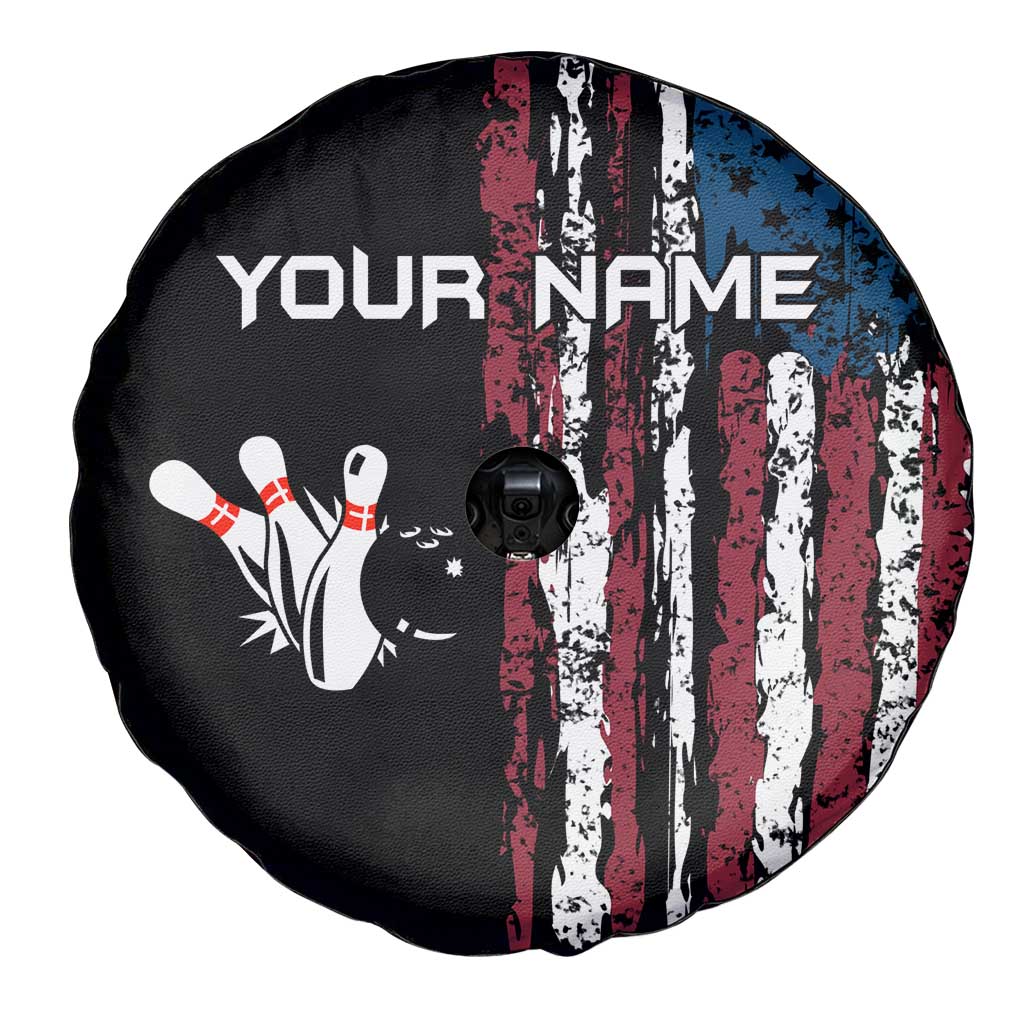 Distressed American Flag Spare Tire Cover with Bowling Pins and Ball Vertical Stripe Design - Wonder Print Shop