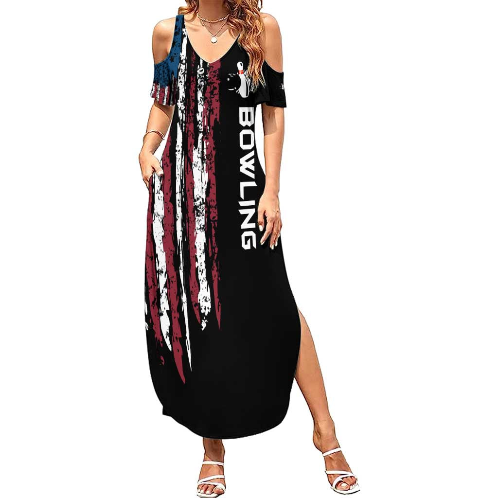 Distressed American Flag Summer Maxi Dress with Bowling Pins and Ball Vertical Stripe Design - Wonder Print Shop