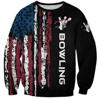 Distressed American Flag Sweatshirt with Bowling Pins and Ball Vertical Stripe Design - Wonder Print Shop
