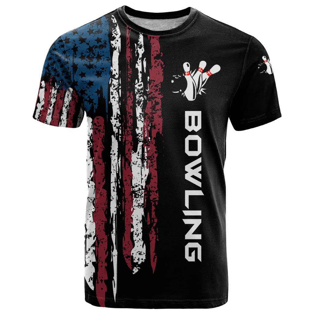 Distressed American Flag T Shirt with Bowling Pins and Ball Vertical Stripe Design - Wonder Print Shop