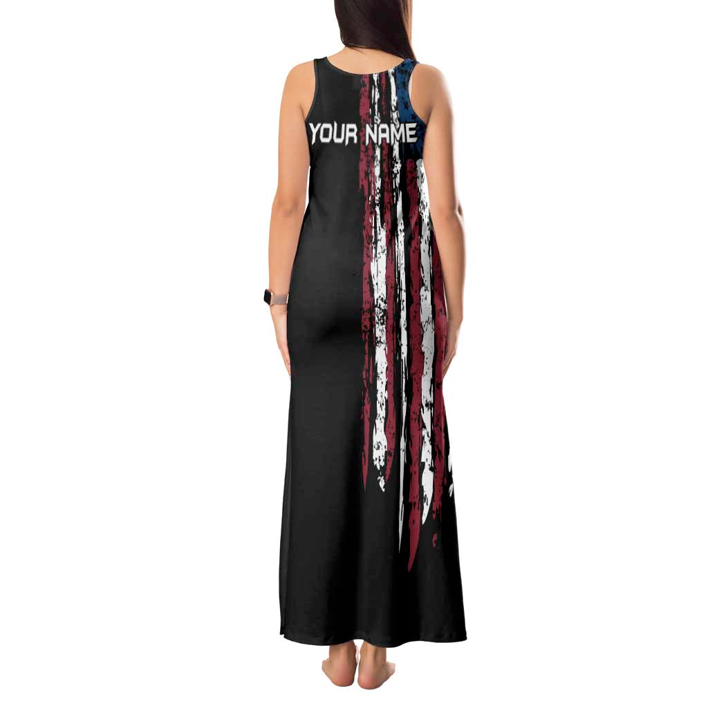 Distressed American Flag Tank Maxi Dress with Bowling Pins and Ball Vertical Stripe Design - Wonder Print Shop