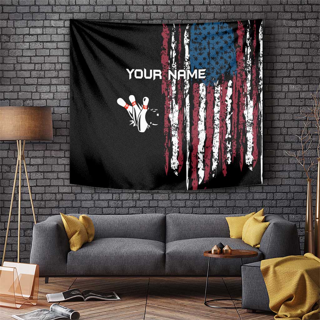 Distressed American Flag Tapestry with Bowling Pins and Ball Vertical Stripe Design - Wonder Print Shop