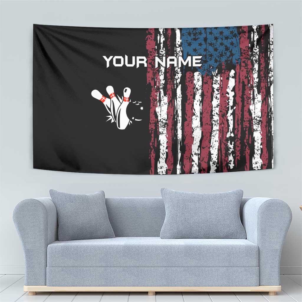 Distressed American Flag Tapestry with Bowling Pins and Ball Vertical Stripe Design - Wonder Print Shop