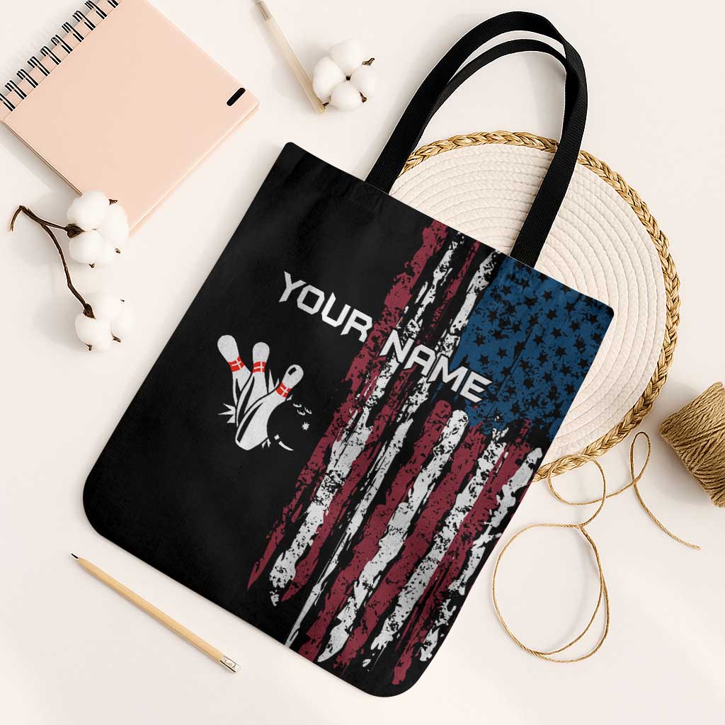 Distressed American Flag Tote Bag with Bowling Pins and Ball Vertical Stripe Design - Wonder Print Shop