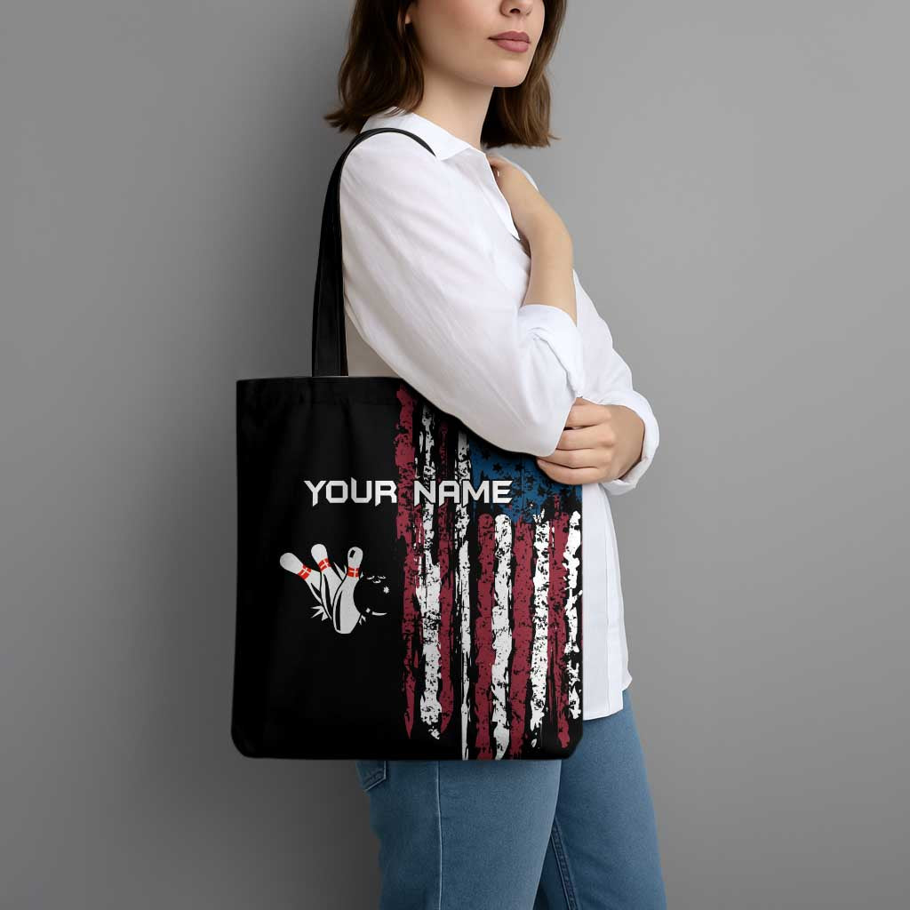Distressed American Flag Tote Bag with Bowling Pins and Ball Vertical Stripe Design - Wonder Print Shop