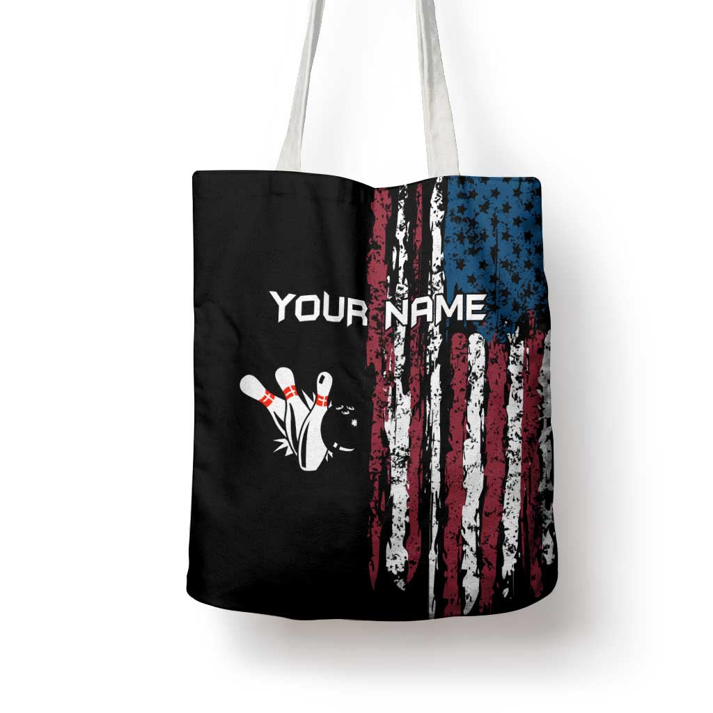 Distressed American Flag Tote Bag with Bowling Pins and Ball Vertical Stripe Design - Wonder Print Shop
