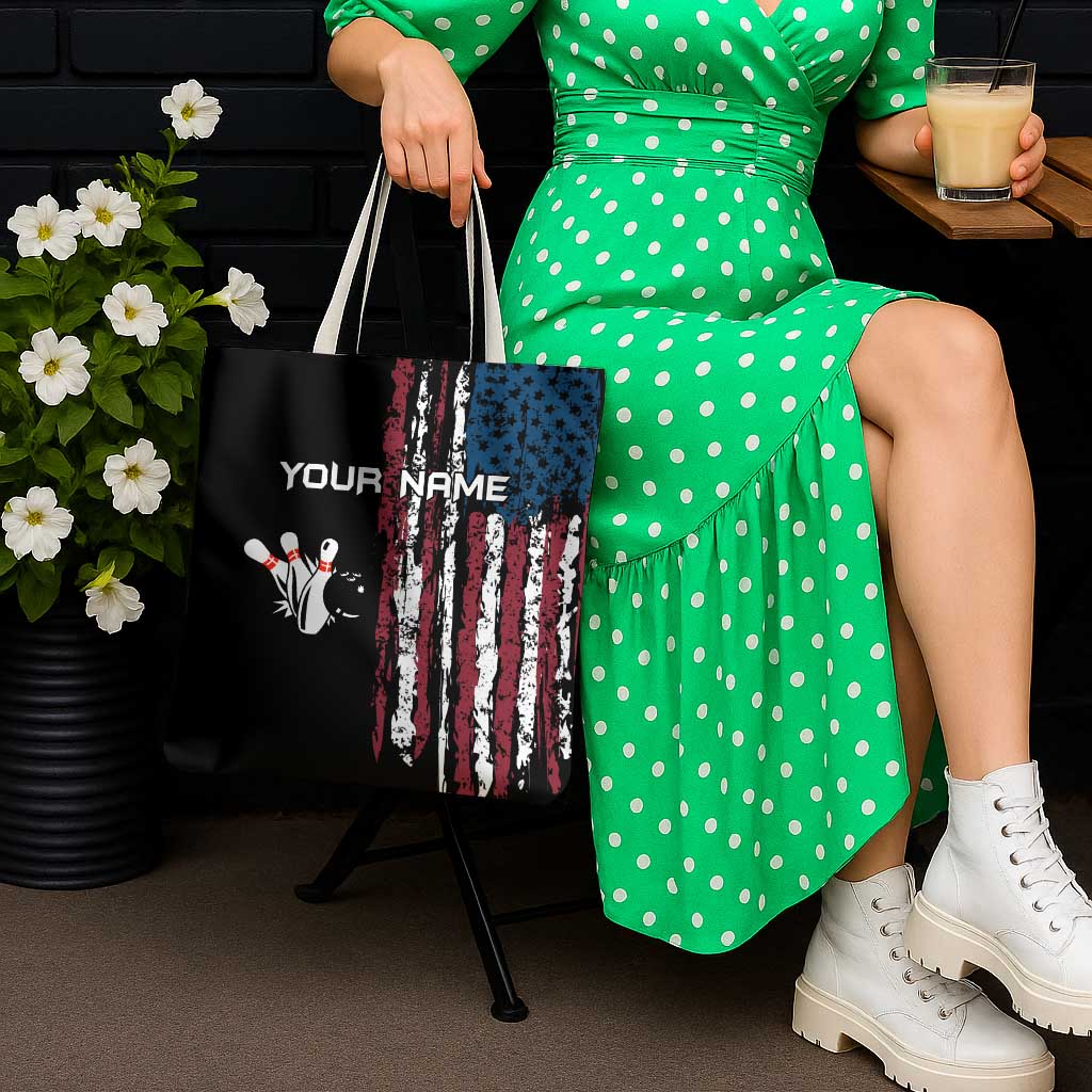 Distressed American Flag Tote Bag with Bowling Pins and Ball Vertical Stripe Design - Wonder Print Shop