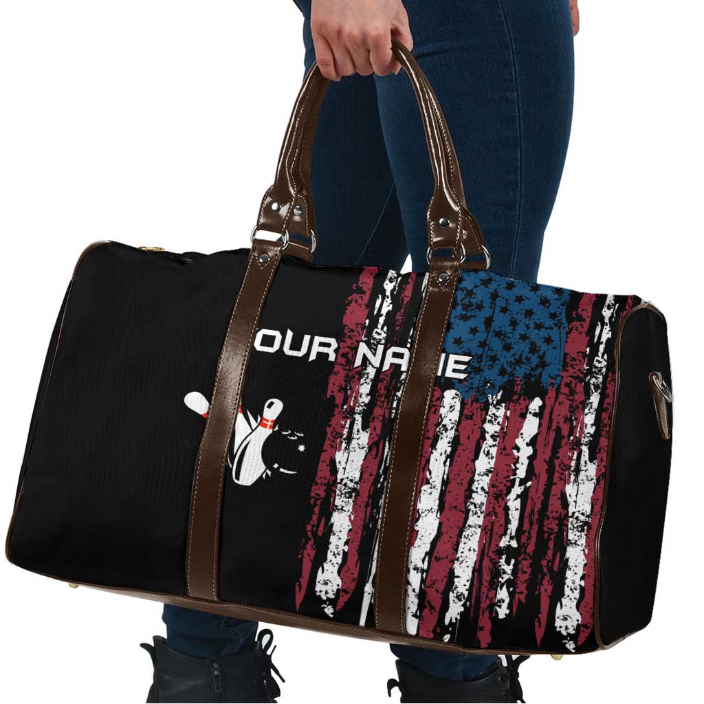 Distressed American Flag Travel Bag with Bowling Pins and Ball Vertical Stripe Design - Wonder Print Shop