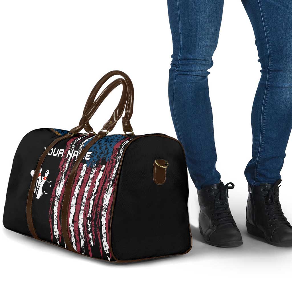 Distressed American Flag Travel Bag with Bowling Pins and Ball Vertical Stripe Design - Wonder Print Shop