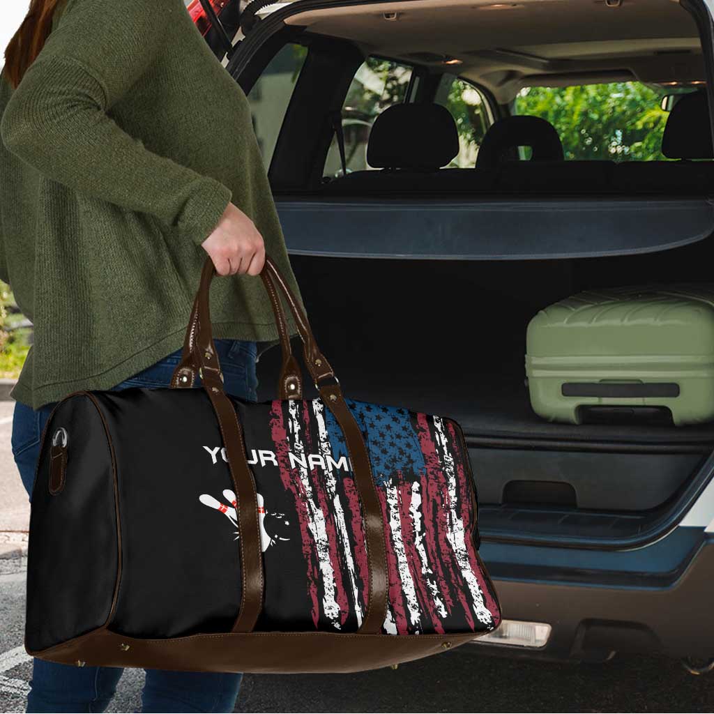 Distressed American Flag Travel Bag with Bowling Pins and Ball Vertical Stripe Design - Wonder Print Shop