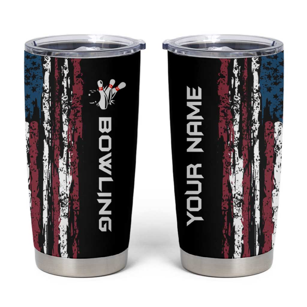 Distressed American Flag Tumbler Cup with Bowling Pins and Ball Vertical Stripe Design - Wonder Print Shop