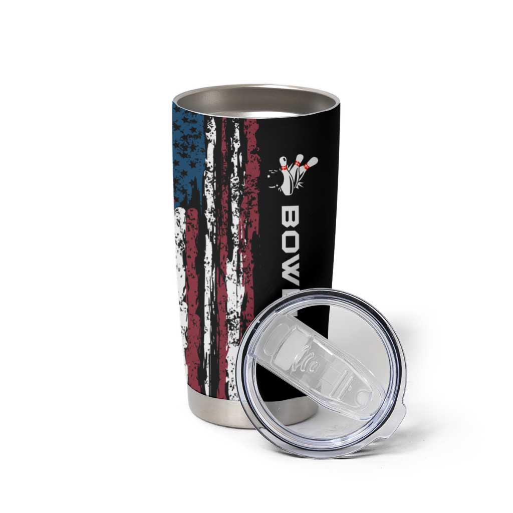 Distressed American Flag Tumbler Cup with Bowling Pins and Ball Vertical Stripe Design - Wonder Print Shop