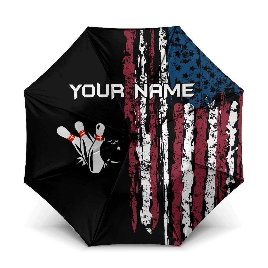 Distressed American Flag Umbrella with Bowling Pins and Ball Vertical Stripe Design - Wonder Print Shop