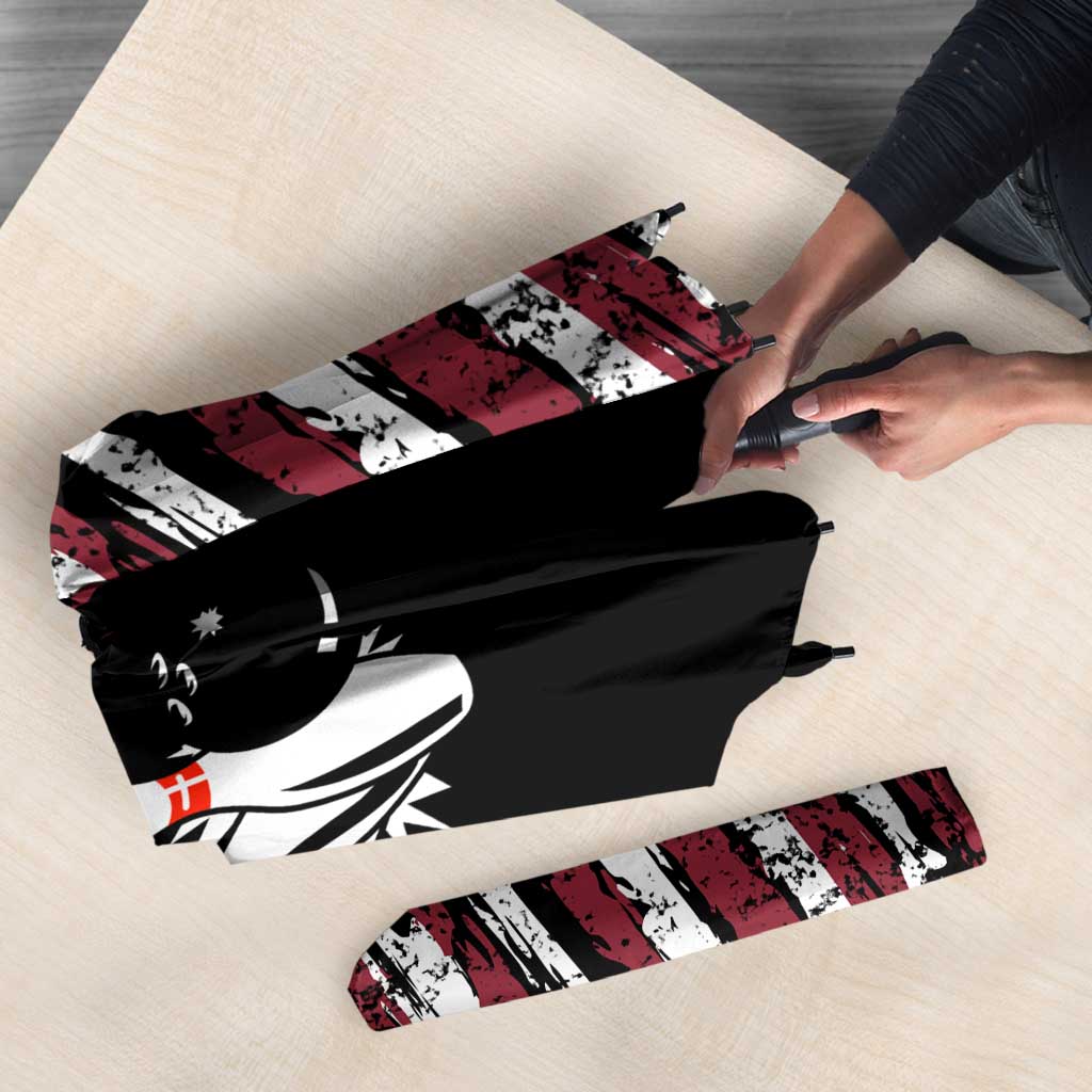 Distressed American Flag Umbrella with Bowling Pins and Ball Vertical Stripe Design - Wonder Print Shop
