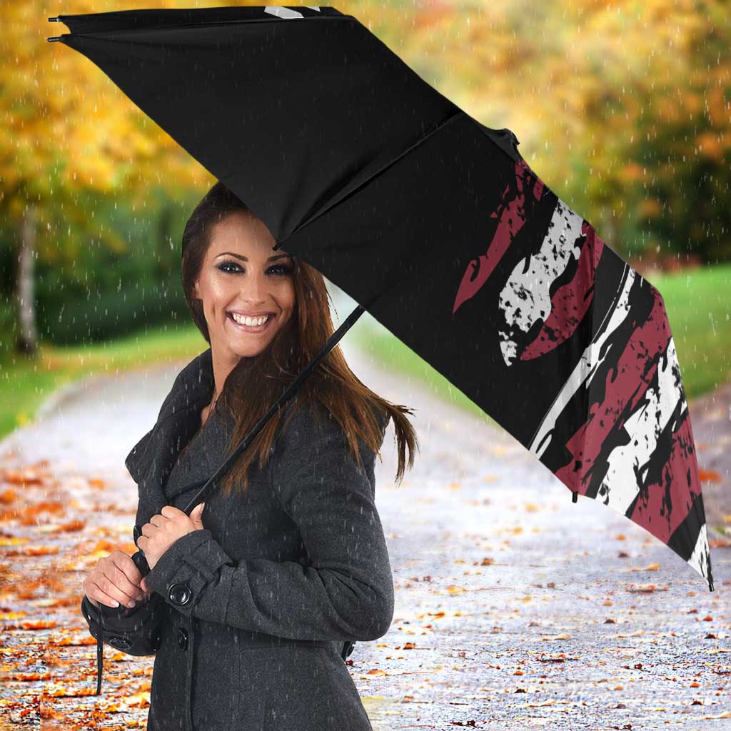 Distressed American Flag Umbrella with Bowling Pins and Ball Vertical Stripe Design - Wonder Print Shop