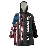 Distressed American Flag Wearable Blanket Hoodie with Bowling Pins and Ball Vertical Stripe Design - Wonder Print Shop