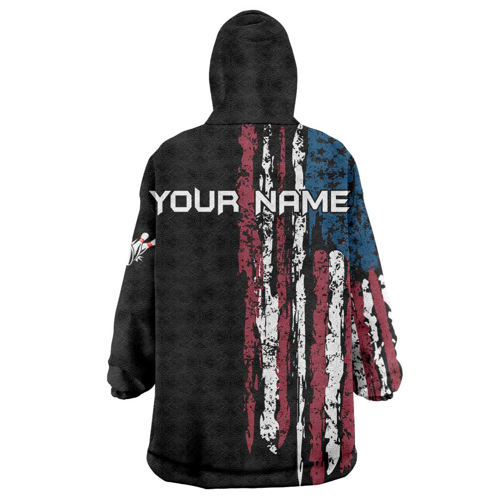 Distressed American Flag Wearable Blanket Hoodie with Bowling Pins and Ball Vertical Stripe Design - Wonder Print Shop