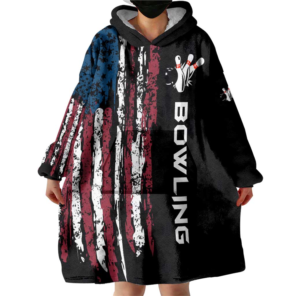 Distressed American Flag Wearable Blanket Hoodie with Bowling Pins and Ball Vertical Stripe Design - Wonder Print Shop