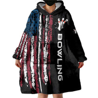 Distressed American Flag Wearable Blanket Hoodie with Bowling Pins and Ball Vertical Stripe Design - Wonder Print Shop