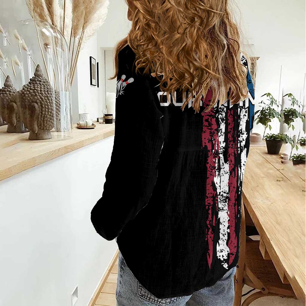 Distressed American Flag Women Casual Shirt with Bowling Pins and Ball Vertical Stripe Design - Wonder Print Shop