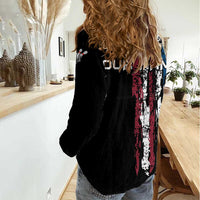 Distressed American Flag Women Casual Shirt with Bowling Pins and Ball Vertical Stripe Design - Wonder Print Shop