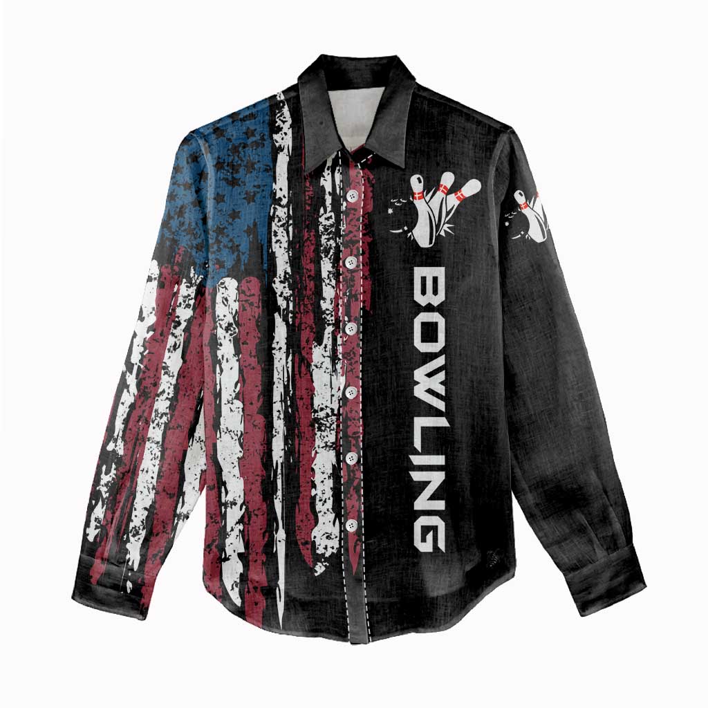 Distressed American Flag Women Casual Shirt with Bowling Pins and Ball Vertical Stripe Design - Wonder Print Shop