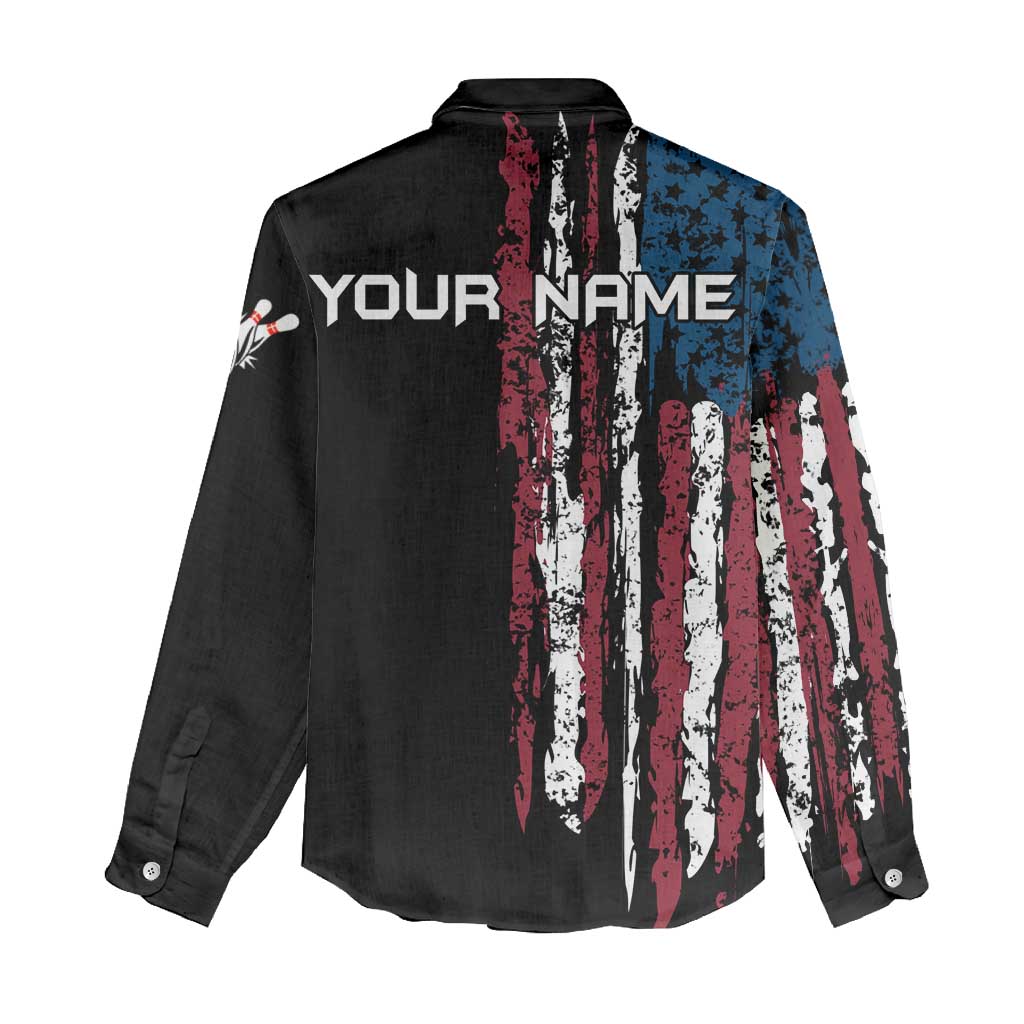 Distressed American Flag Women Casual Shirt with Bowling Pins and Ball Vertical Stripe Design - Wonder Print Shop