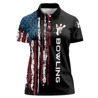Distressed American Flag Women Polo Shirt with Bowling Pins and Ball Vertical Stripe Design - Wonder Print Shop